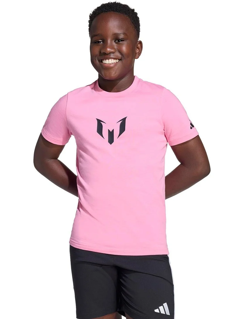 اديداس تيشيرت بطبعة ميسي للأطفال بأكمام قصيرة وردي