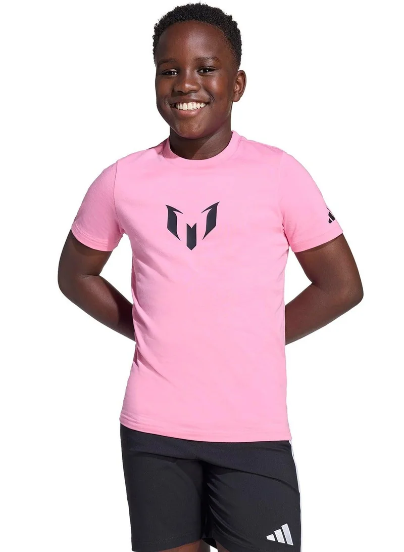 اديداس تيشيرت بطبعة ميسي للأطفال بأكمام قصيرة وردي