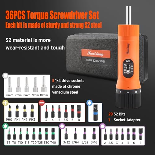 Sanliang 36Pcs Torque Screwdriver Wrench Driver Set 10-70 Inch Pounds lbs with 29 S2 Bits，5 Drive Sockets ，1/4" Socket Adapter for Maintenance,Tools, Bike Repairing and Mounting. - Image 2
