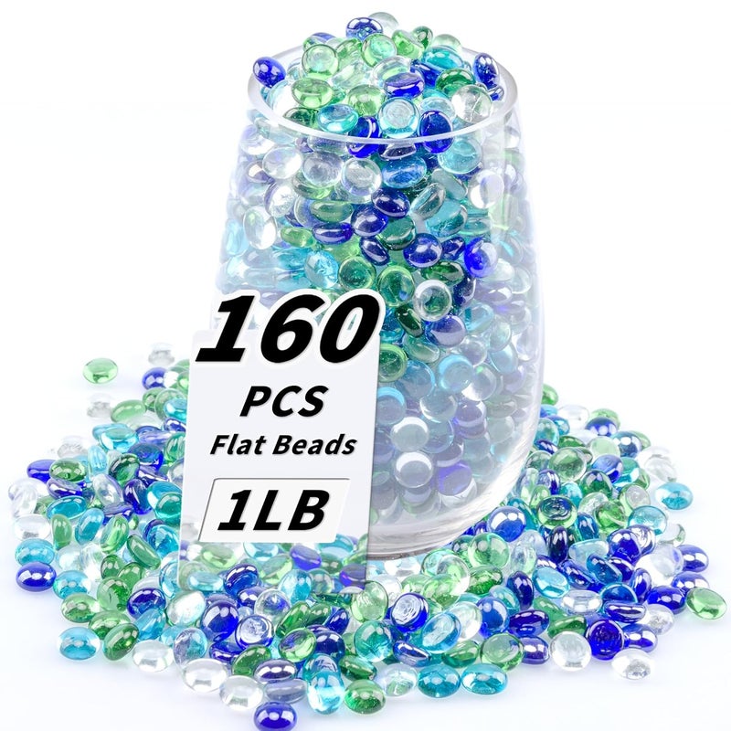 Foncomy 1 LB Flat Glass Beads, 160-180PCS Small Glass Marbles, Mini Flat Round Pebbles for Vase Filler and Floral, Fish Tank Rocks Decorative Gemstones for Home and Aquarium Décor,Mixed Green and Blue - Image 1