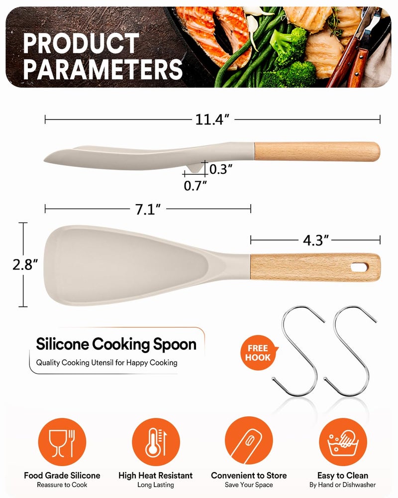 Badiano Cooking Spoon for Nonstick Cookwares, Great for Cooking and Serving Sturdy BPA-Free Matte Silicone, Wood Handle Spoon for Mixing, Scoop, and Scrape (2 Pack of Khaki, 11.4 inch) - Image 2