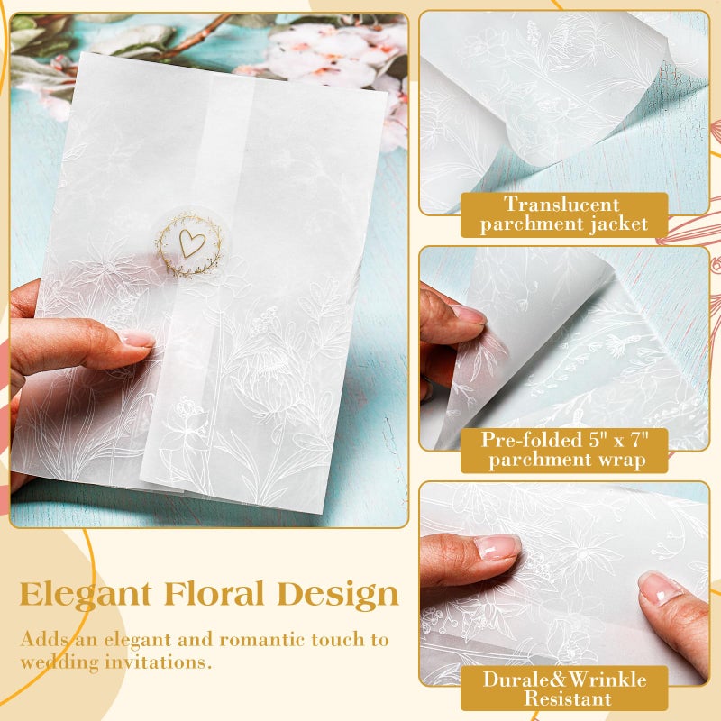 Marspark 100 Pcs Wedding Vellum Jackets for 5x7 Invitations Pre-Folded Wedding Invitations Kit Wildflower Wraps Translucent Paper Envelope Liners with Flower Pattern for Birthday Party(White) - Image 3