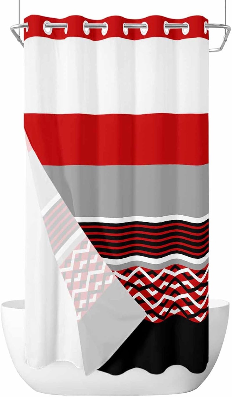 No Hook Shower Curtain and Liner Set, Red Black Grey Stripes Snap in Shower Curtain Set, Abstract Lines Geometric Modern Waterproof Fabric Bathroom Curtain with See Through Top Window 54"x78" - Image 1