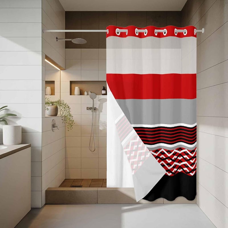No Hook Shower Curtain and Liner Set, Red Black Grey Stripes Snap in Shower Curtain Set, Abstract Lines Geometric Modern Waterproof Fabric Bathroom Curtain with See Through Top Window 54"x78" - Image 3