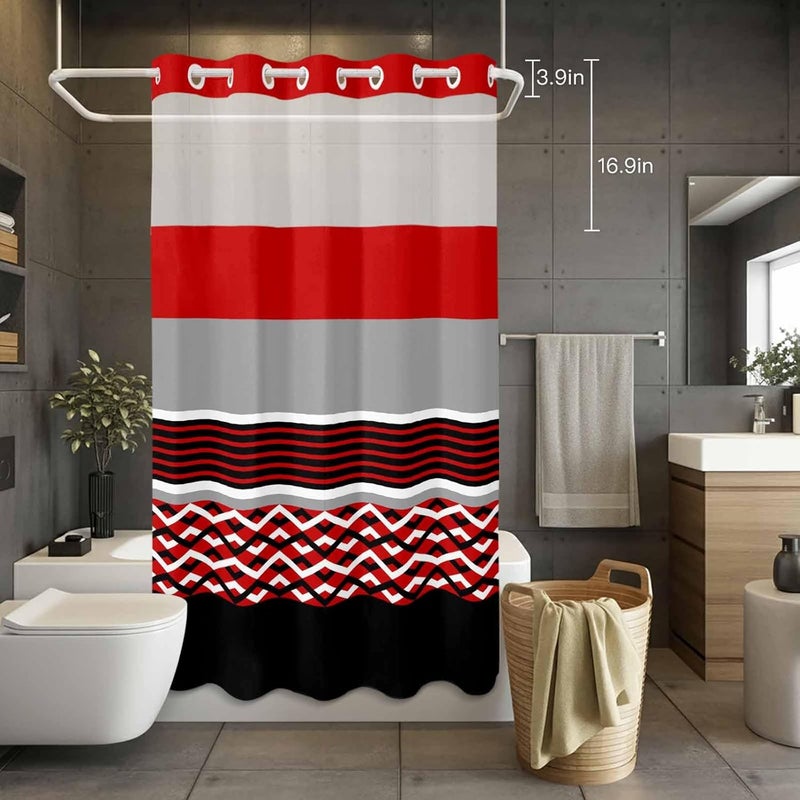 No Hook Shower Curtain and Liner Set, Red Black Grey Stripes Snap in Shower Curtain Set, Abstract Lines Geometric Modern Waterproof Fabric Bathroom Curtain with See Through Top Window 54"x78" - Image 4