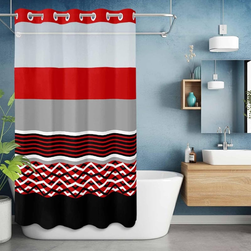 No Hook Shower Curtain and Liner Set, Red Black Grey Stripes Snap in Shower Curtain Set, Abstract Lines Geometric Modern Waterproof Fabric Bathroom Curtain with See Through Top Window 54"x78" - Image 5