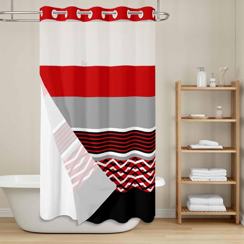 No Hook Shower Curtain and Liner Set, Red Black Grey Stripes Snap in Shower Curtain Set, Abstract Lines Geometric Modern Waterproof Fabric Bathroom Curtain with See Through Top Window 54"x78" - Image 2