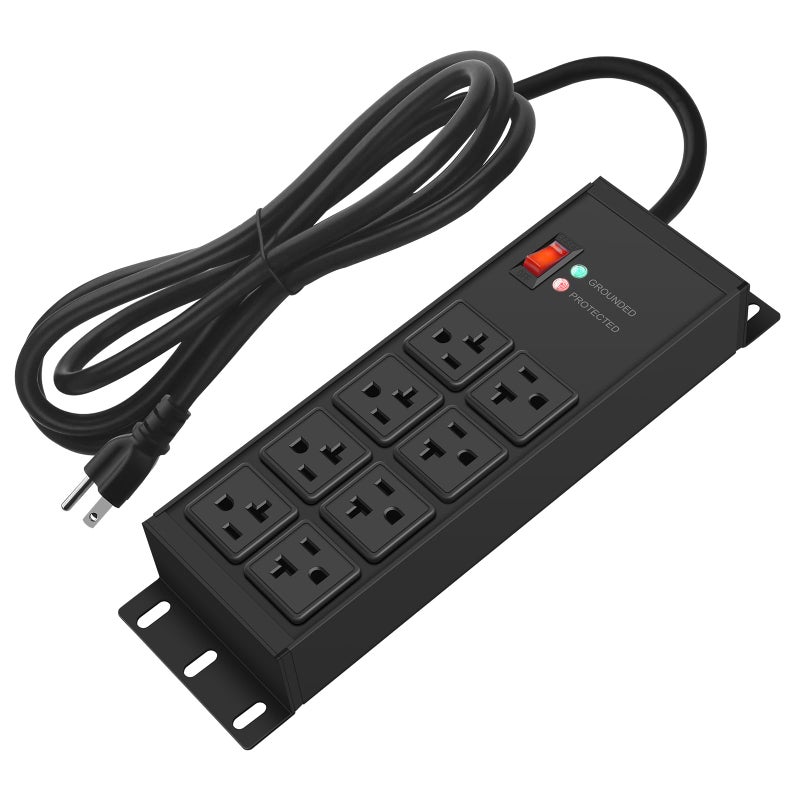 CCCEI Black Heavy Duty Power Strip Surge Protector 20 AMP, 8 Outlets 12 Gauge Industrial Shop Garage Metal Multiple Outlets, 25 FT Extension Cord 5-15P Adapter High Amp 6-20R T-Slot 20a for Appliance - Image 1