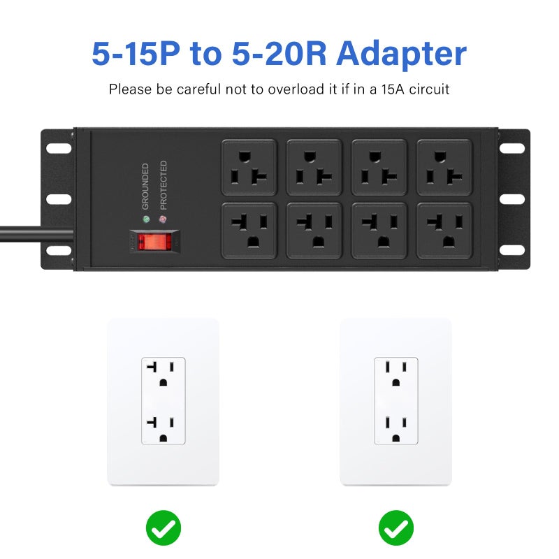 CCCEI Black Heavy Duty Power Strip Surge Protector 20 AMP, 8 Outlets 12 Gauge Industrial Shop Garage Metal Multiple Outlets, 25 FT Extension Cord 5-15P Adapter High Amp 6-20R T-Slot 20a for Appliance - Image 4
