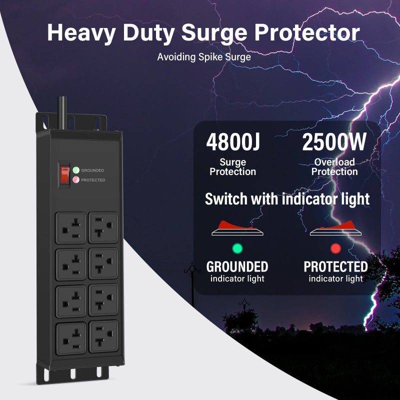 CCCEI Black Heavy Duty Power Strip Surge Protector 20 AMP, 8 Outlets 12 Gauge Industrial Shop Garage Metal Multiple Outlets, 25 FT Extension Cord 5-15P Adapter High Amp 6-20R T-Slot 20a for Appliance - Image 2