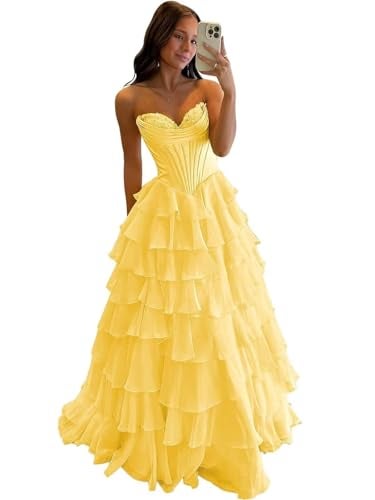 FoinLuve Ruffle Prom Dress Corset Tiered 2025 Strapless Long Chiffon Formal Evening Gown with Slit Yellow 06 - Image 1