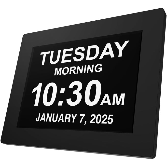 LARGE DIGITAL CLOCK FOR SENIORS BLACK 8 INCH WITH DAY DATE CUSTOMIZABLE ALARMS AUTODIMMING MULTILANGUAGE SUPPORT BATTERY BACKUP EASY SETUP AND GIFT OPTION