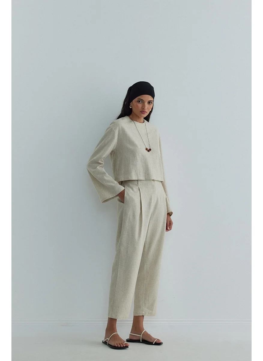 سود كوليكشن Natural Mussel Crop Linen Blouse