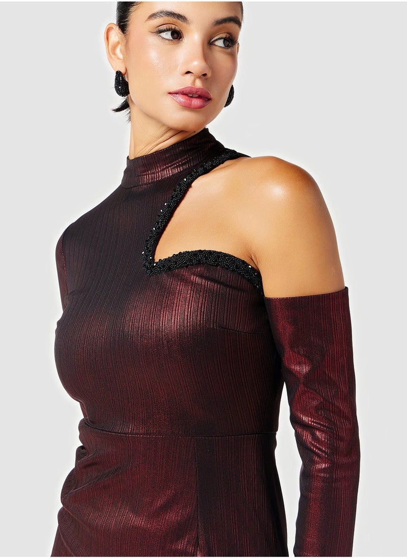 Threadz by Ajooni - Embellished Cutout Neck Metallic Dress - Image 1