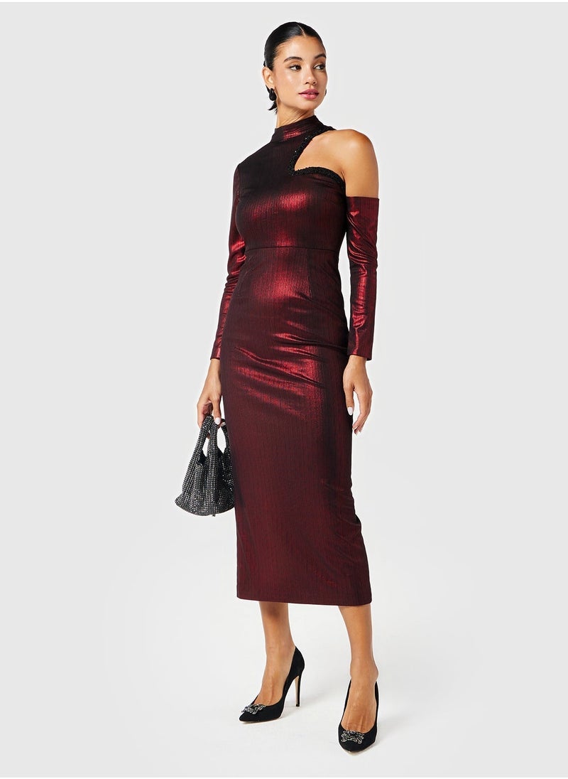 Threadz by Ajooni - Embellished Cutout Neck Metallic Dress - Image 1