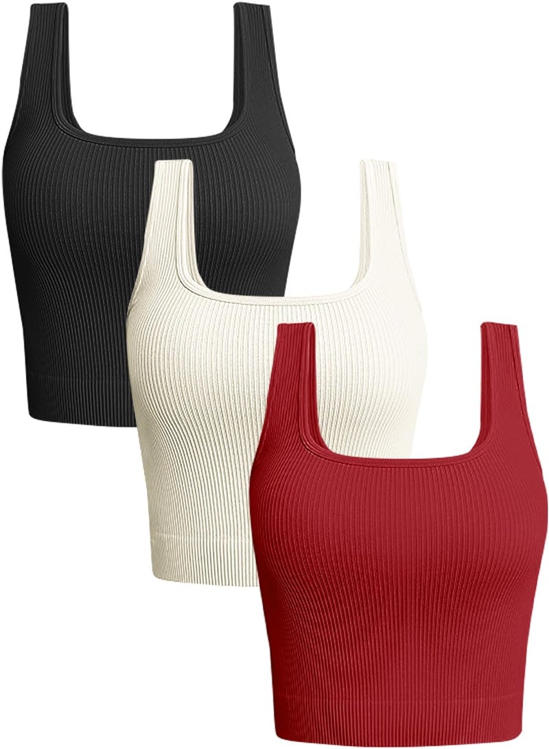 OLCHEE Womens 3 Pack Crop Tank Tops Basic Seamless Ribbed Sleeveless Square Neck Workout Top Summer Exercise Yoga Gym Shirts - Black Beige Red Medium - Image 1