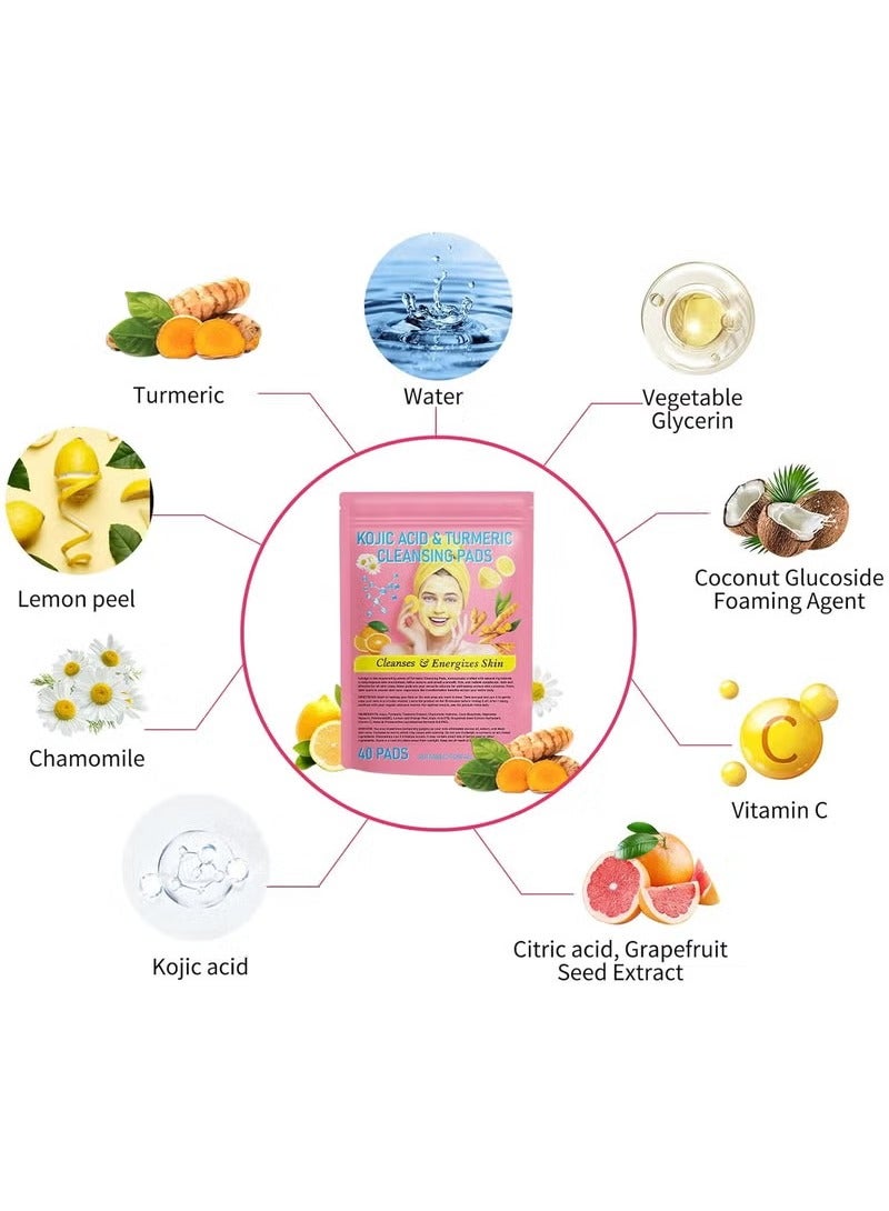 40Pcs Kojic Acid & Turmeric Cleansing Pads For Dark Spots | Turmeric Kojic Acid Cleansing Pads Helps Balance Skin Oil & Water, Fade Spot, Remove Excess Keratin, Clean oil Refines Pores
