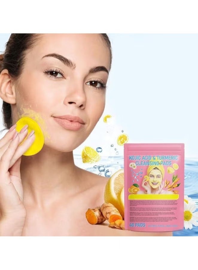 40Pcs Kojic Acid & Turmeric Cleansing Pads For Dark Spots | Turmeric Kojic Acid Cleansing Pads Helps Balance Skin Oil & Water, Fade Spot, Remove Excess Keratin, Clean oil Refines Pores