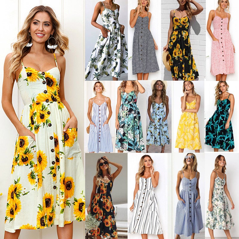 AliExpress 2019 summer European and American new cross-border hot selling sexy suspenders button backless dress female 8007 TS-8007 Little Red Flower L - Image 1