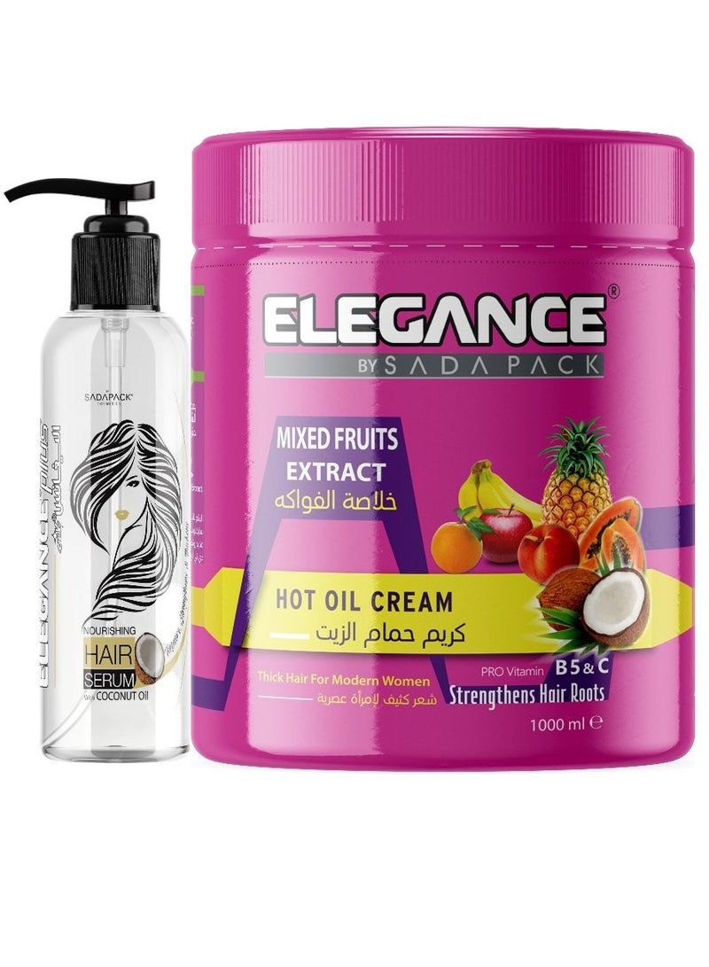 Elegance Hair Repair & Shine Combo – Hot Oil Keratin Cream Mixed Fruits 1000ml + Aloe Vera Hair Serum 120ml | Hair Growth, Repair & Frizz Control