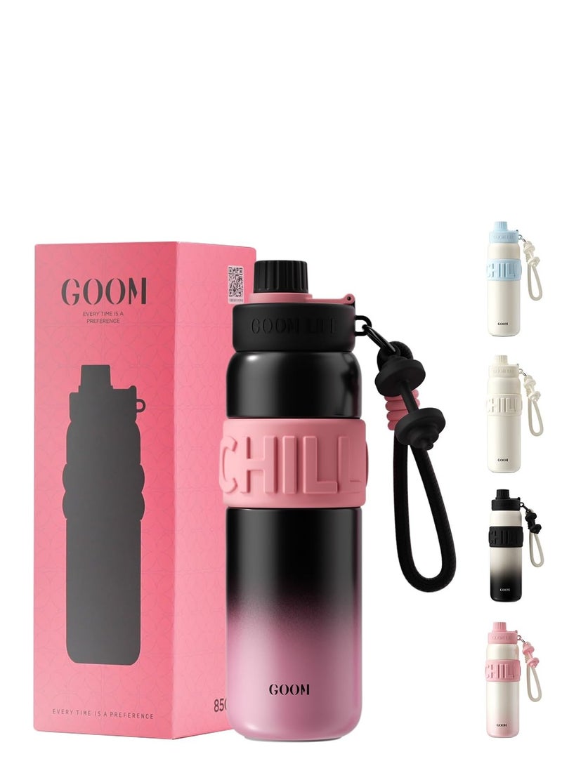 GOOM زجاجة ماء معزولة 24 أونصة، ستانلس ستيل 18/10 مع قشة وغطاء - مقاومة للتسرب - هدايا للرجال والنساء والأم - أسود/وردي