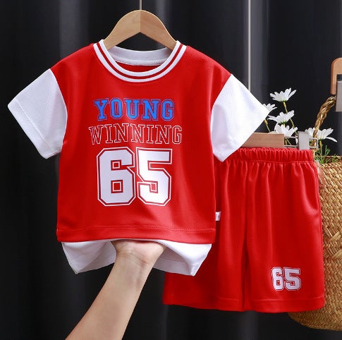 2024 Kids Summer Sports Jersey Set Boys Short Sleeve Vest Shorts PD-01 red uniform 