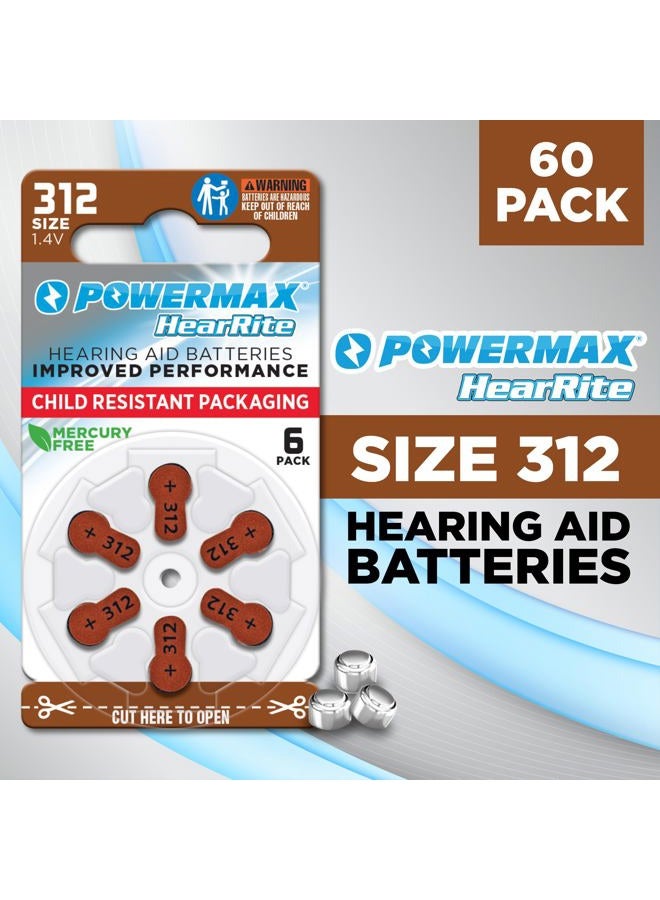 PowerMax Size 312 Hearing Aid Batteries, 60 Count Long-Lasting Battery Pack, Brown Long Tab for Easy Change - Image 2