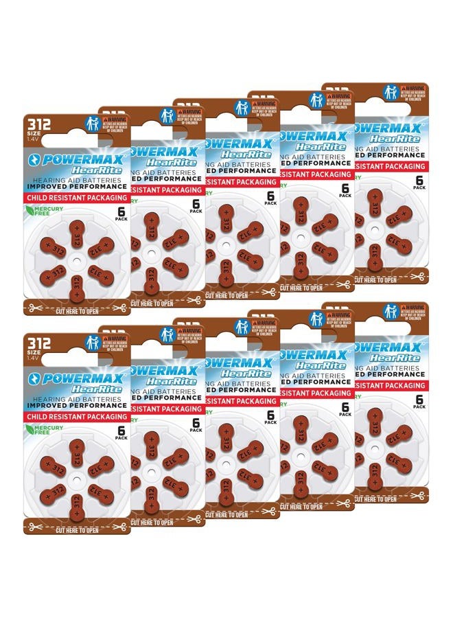PowerMax Size 312 Hearing Aid Batteries, 60 Count Long-Lasting Battery Pack, Brown Long Tab for Easy Change - Image 1