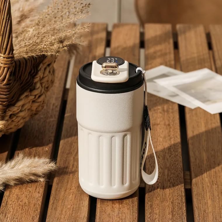 DHAVAL Coffee Mug with Digital Display 316 Stainless Steel Insulated Travel Thermos with Lid for Coffee 460ml LeakProof Vacuum Thermal Mug with Smart Temperature Screen White Black - Image 1