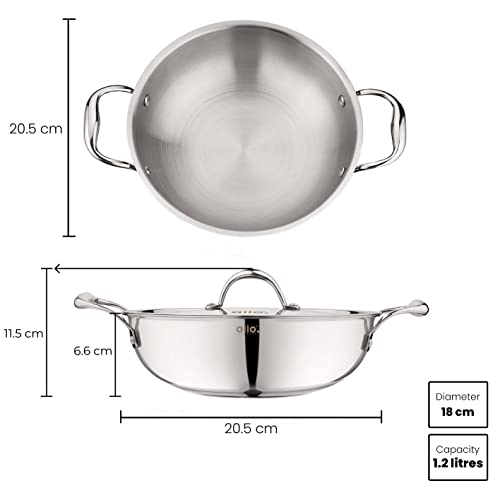 Allo Triply Stainless Steel Kadhai with Handles|Perfect Kadhai for Curry/Stir-Fry/Deep-Fry/DryVeg/Saut Induction Friendly Naturally Non-Stick with Lid | 10 Years Warranty, 18cm, 1.2 litres - Image 3
