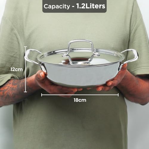 Allo Triply Stainless Steel Kadhai with Handles|Perfect Kadhai for Curry/Stir-Fry/Deep-Fry/DryVeg/Saut Induction Friendly Naturally Non-Stick with Lid | 10 Years Warranty, 18cm, 1.2 litres - Image 2