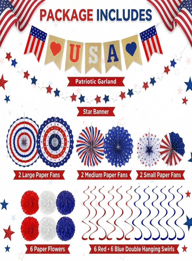 OHOME 4th of July Decorations - 26 PCS Patriotic USA Banner Star Streamer Paper Fans Hanging Swirls Pompoms Set for Memorial Day | 250th Anniversary Accessories Party Favors for Indoor Outdoor Home - Image 3