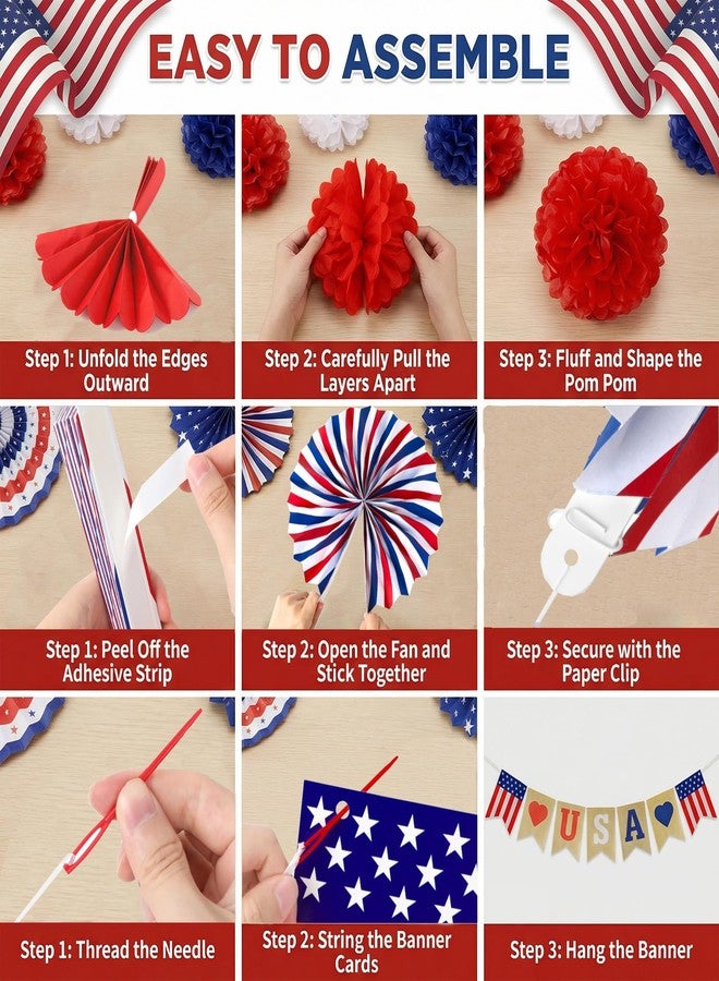OHOME 4th of July Decorations - 26 PCS Patriotic USA Banner Star Streamer Paper Fans Hanging Swirls Pompoms Set for Memorial Day | 250th Anniversary Accessories Party Favors for Indoor Outdoor Home - Image 4