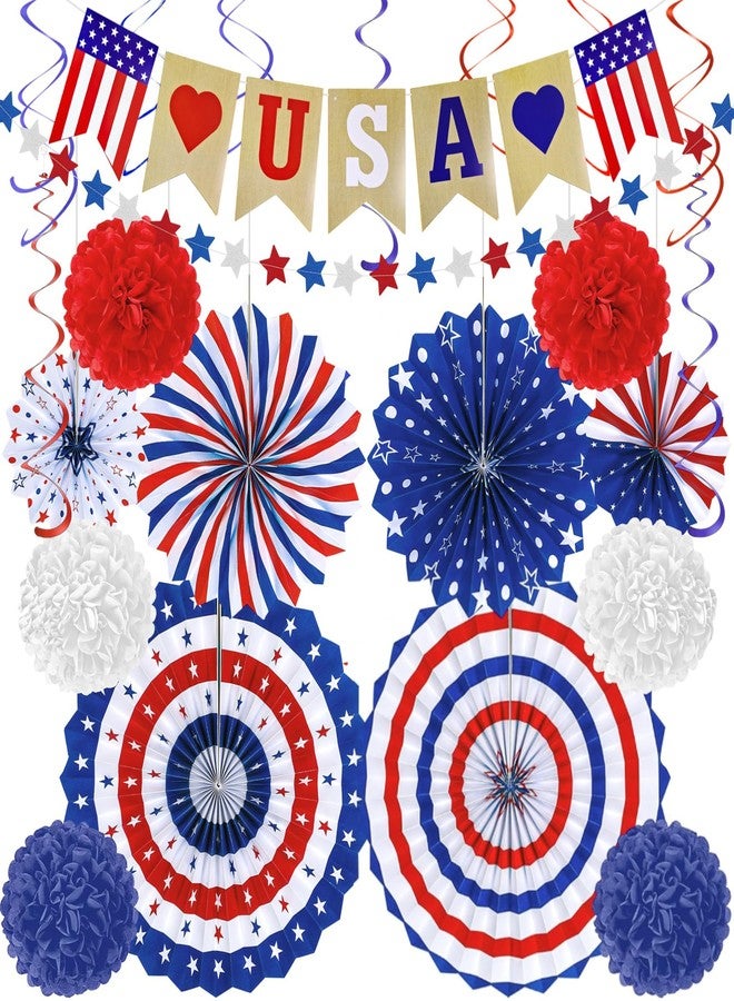 OHOME 4th of July Decorations - 26 PCS Patriotic USA Banner Star Streamer Paper Fans Hanging Swirls Pompoms Set for Memorial Day | 250th Anniversary Accessories Party Favors for Indoor Outdoor Home - Image 1