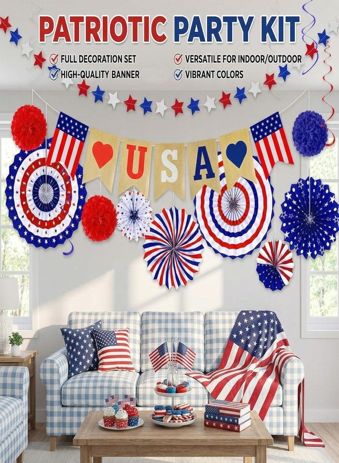 OHOME 4th of July Decorations - 26 PCS Patriotic USA Banner Star Streamer Paper Fans Hanging Swirls Pompoms Set for Memorial Day | 250th Anniversary Accessories Party Favors for Indoor Outdoor Home - Image 5