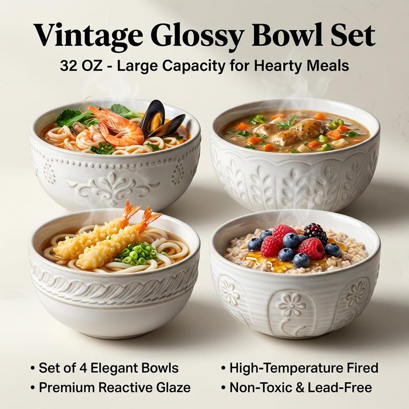 Artena Soup Bowls 32 OZ, Cereal Bowls Set of 4, Embossment Ceramic Ramen Bowl, 6.3 Inch White Salad Bowls, Large Dinner Bowl for Pho, Noodle, Pasta, Snack, Dishwasher Microwave Safe, Multiple Patterns - Image 3