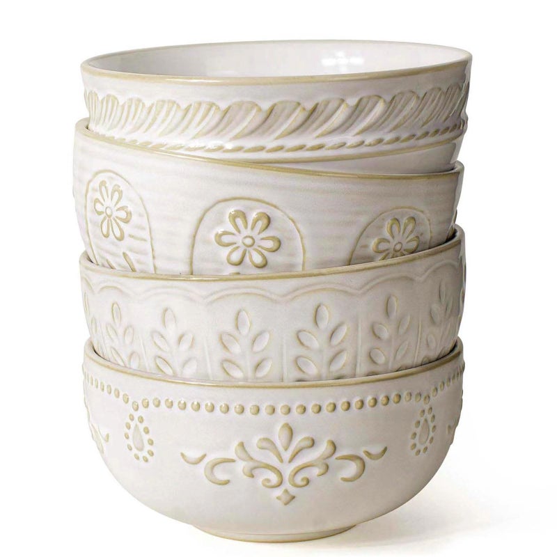 Artena Soup Bowls 32 OZ, Cereal Bowls Set of 4, Embossment Ceramic Ramen Bowl, 6.3 Inch White Salad Bowls, Large Dinner Bowl for Pho, Noodle, Pasta, Snack, Dishwasher Microwave Safe, Multiple Patterns - Image 1