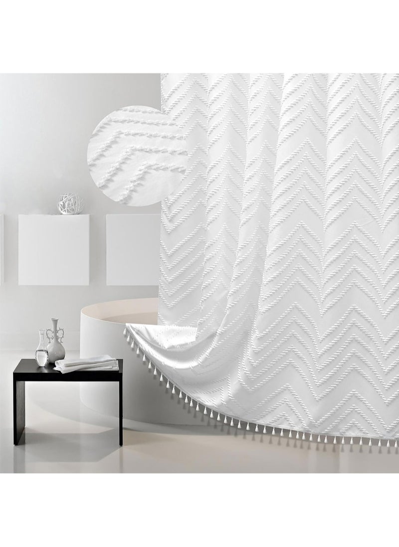 L&E Boho Shower Curtain White Tassel Woven Fabric Shower Curtain Modern Farmhouse Textured Tufted Chevron Striped Minimalist Bathroom Hotel, 182*182CM  - Image 1