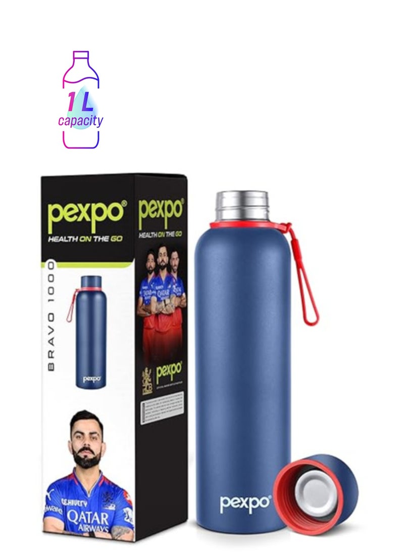 Atlasware Pexpo Bravo Pro 1000ml Hot & Cold ISI Certified Flask- Denim Blue- Stainless Steel Water Bottle  - Image 1