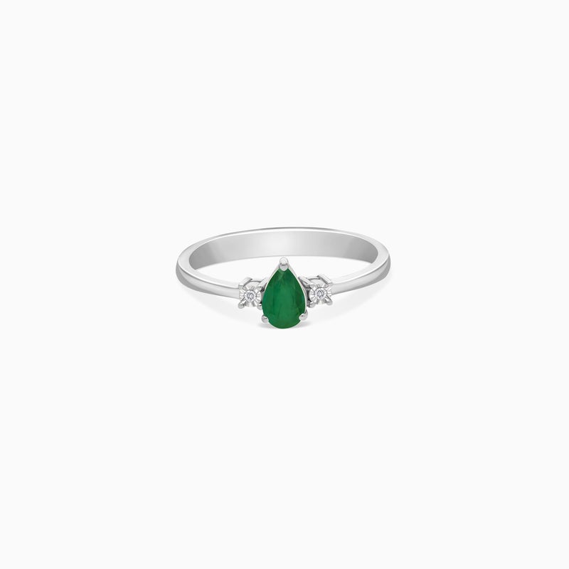 Jawhara Jewellery خاتم من الذهب الأبيض عيار 18 للنساء، بشكل كمثرى مع أحجار الزمرد والماس الطبيعي، مجموعة المجوهرات الفاخرة الكلاسيكية، خاتم بيان أنيق، هدية لمواليد شهر مايو من جوهرة للمجوهرات - Image 2