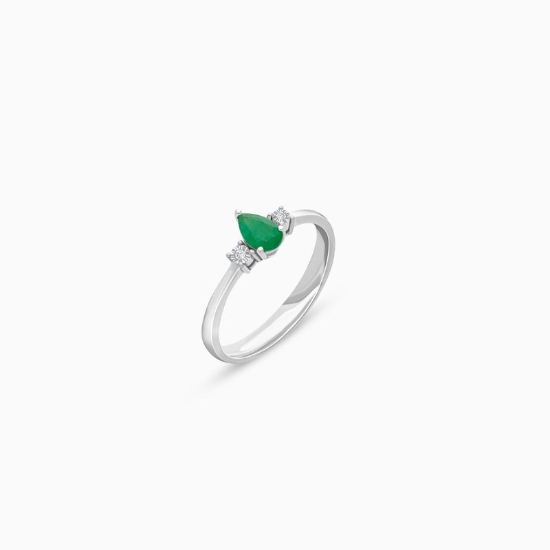 Jawhara Jewellery خاتم من الذهب الأبيض عيار 18 للنساء، بشكل كمثرى مع أحجار الزمرد والماس الطبيعي، مجموعة المجوهرات الفاخرة الكلاسيكية، خاتم بيان أنيق، هدية لمواليد شهر مايو من جوهرة للمجوهرات - Image 1