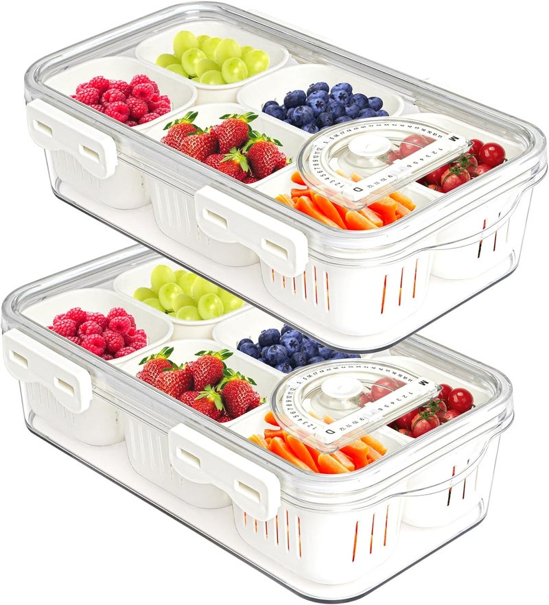 MineSign 2Pack Divided Food Serving Tray with Lids Stackable Snackle Box for Candy Nuts Spice Fruit&Veggie Container with 6 Small Dividers Plastic Storage Bins for Fridge Pantry Freezer - Image 1