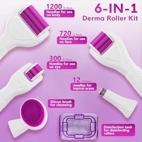 Bennort 6 in 1 Derma Roller 0.25/0.5/1/1.5 mm for Women And Men with Case For Face,Body,Scalp Hair & Beard Regrowth,Treats Acne,Scar, Stretchmarks Micro Needles Derma Roller,Silicone Face Brush and Disinfecting Tray - Image 2