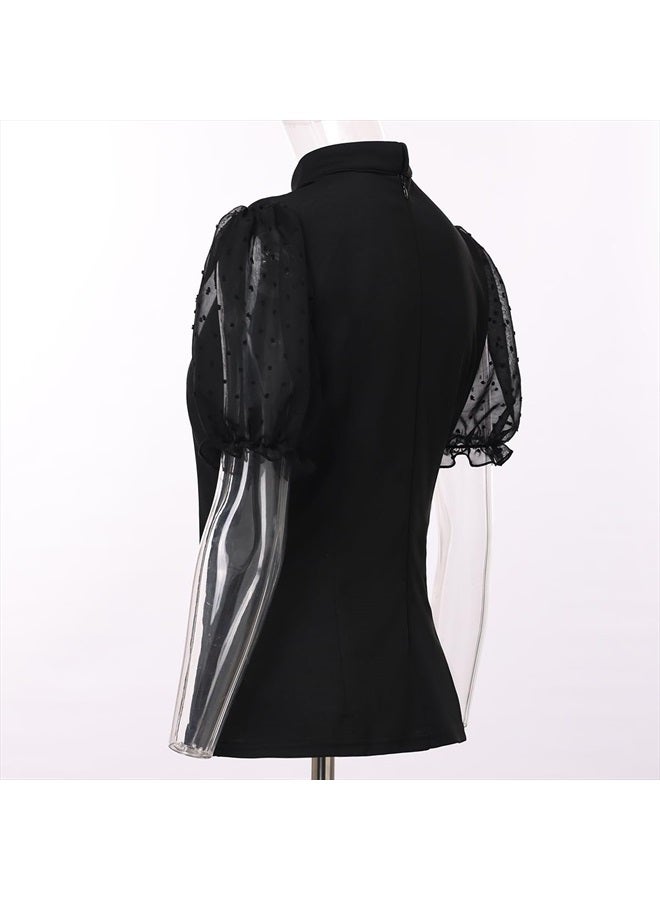 CAMDOM Womens Church Clergy Shirt Tab Collar Tulle Mesh Lantern Short Sleeves Slim Blouse Top Black - Image 5