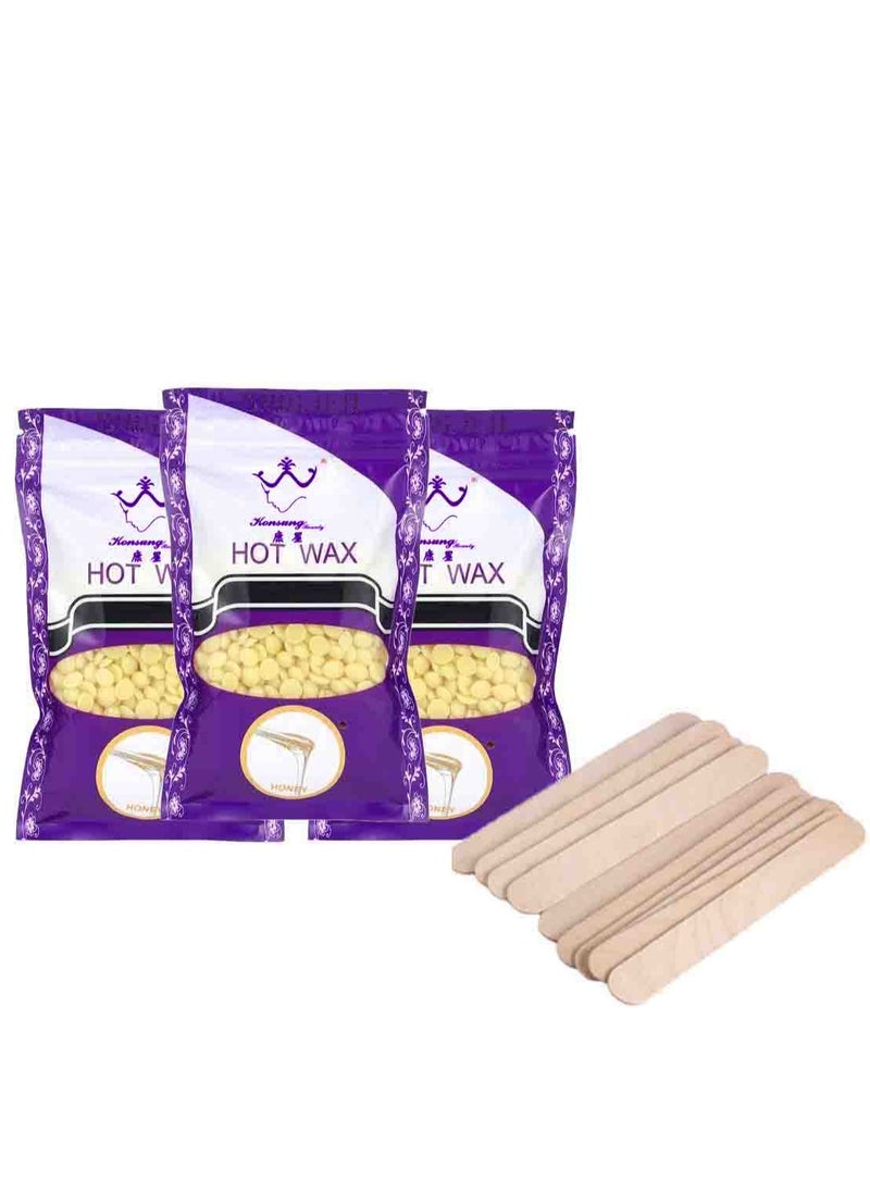 Konsung Beauty Hair Removal Hot Wax Honey 3pcs*100grams with 10 Wooden Sticks (No Waxing Paper Needed) 