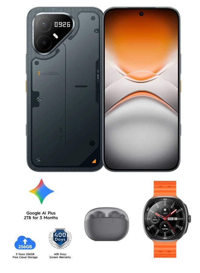 TECNO POVA 8 Pro 5G 256GB 8+8GB Graphite Black + Free Gift ( Buds4 + 256GB Free Cloud Storage + 400 Days Screen Warranty + Google AI Plus 2TB for 3 Month ) With Tecno Neo Watch (two silicone bands included) - Image 1