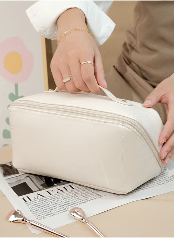 Double Layer Makeup Train Case, Waterproof Portable Leather Makeup Bag, Toiletry Bag for Makeup Brushes, Multifunctional Storage Makeup Bags for Women  - Image 1