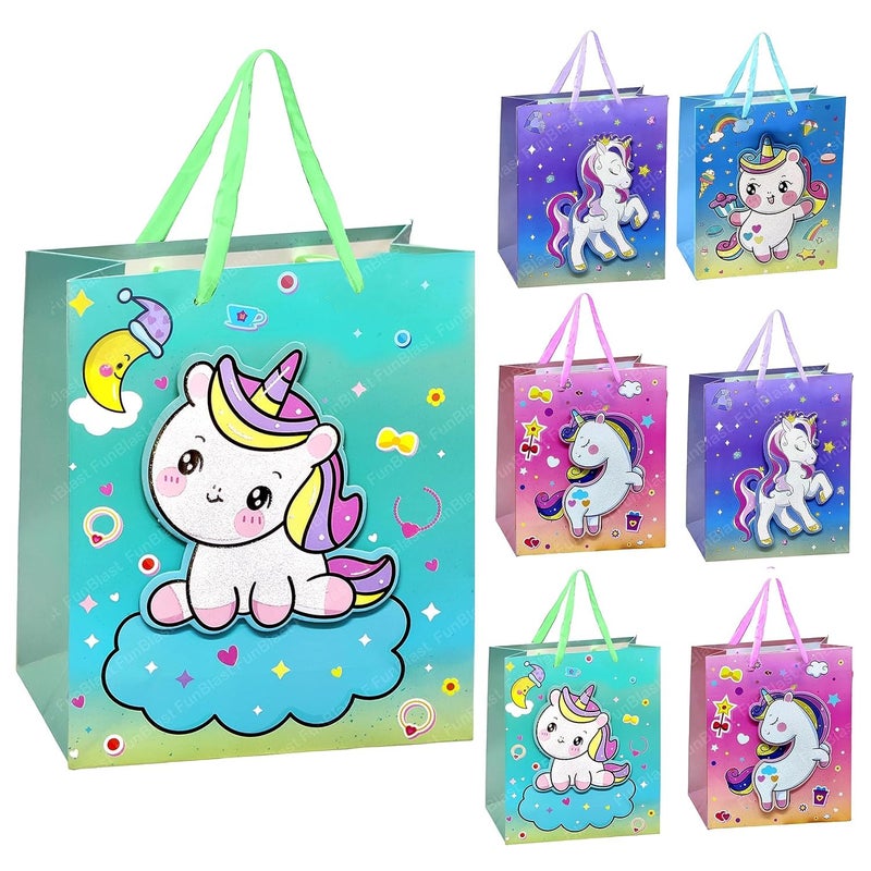 FunBlast Paper Bags for Gifts - Pack of 6 Pcs Paper Goodie Bags Small, Kraft Paper Bags with Handles for Birthday, Wedding, Party and Other Festivals - Random Color & Design - Image 1