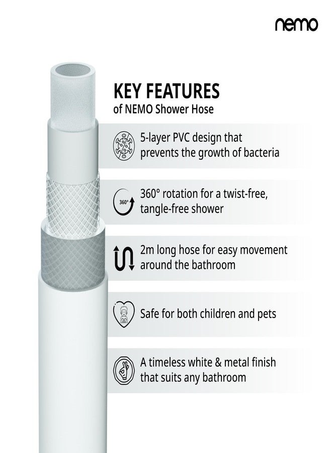 NEMO Shower Hose | Made in South Korea | 5 Layer Antibacterial PVC | 2 Meter | 360 degree rotating & Kink Free | Minimalist Korean White Metal Design - Image 2