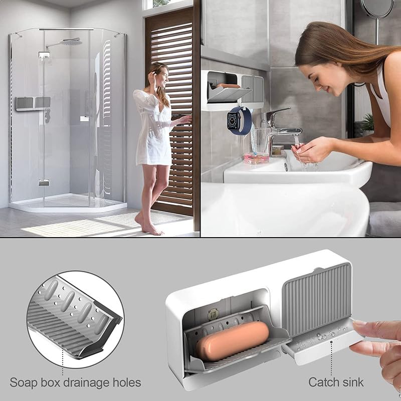 Luxoper Bathroom Wall Mounted Double Soap Holder Box with Lid - Double Grids and Drain Tray, No Drilling Required, Waterproof Plastic Soap Dish for Shower, Wash Basin, and Toilet Storage (Grey) - Image 3